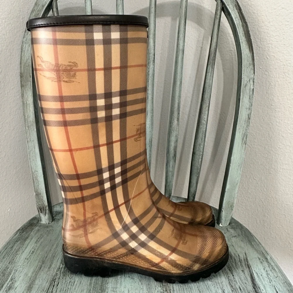 Burberry Tan Plaid Nova Rain Boots Size 37 - Picture 3 of 8